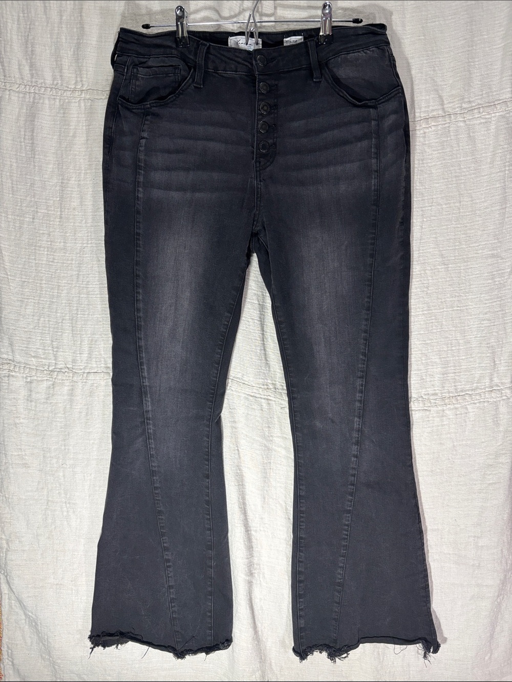 KanCan Signature Kurvy Mid Rise Flare Jeans Grey Exposed Button Fly Size 31